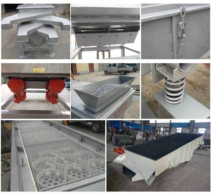 多层直线振动筛由进料口,底座,振动电机,筛网,筛框,弹簧,出料口等组成。