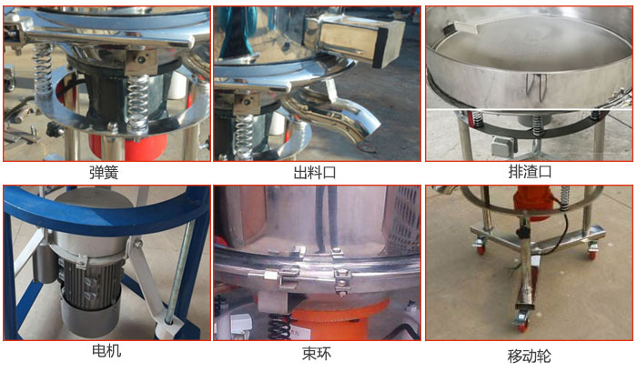高频振动筛结构:电机,弹簧,出料口,排渣口,快拆束环等。