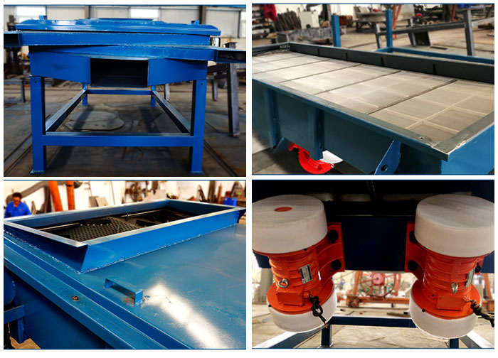 方形振动筛出料口,筛网和网架,进料口,振动电机等细节展示。