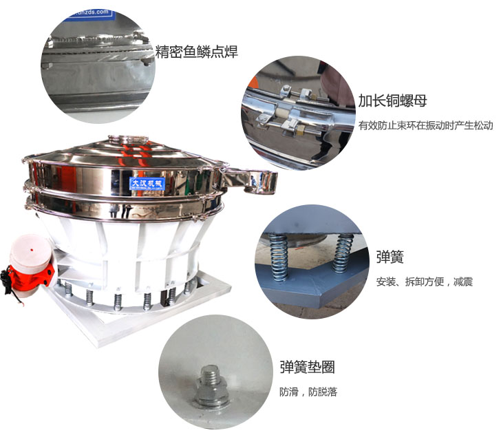 1500直排筛细节展示:弹簧,弹簧垫圈,加长铜螺母。