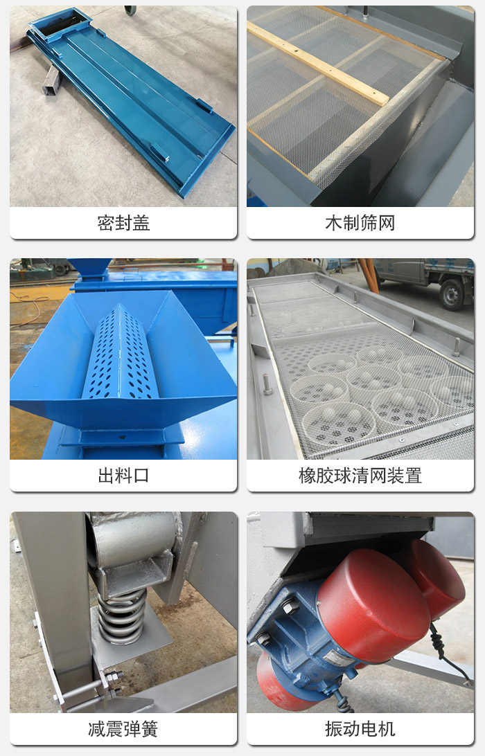 直线筛分机的结构展示图:筛箱是物料主要筛分设备之一,筛网用于筛分物料,振动电机帮助筛网筛分。