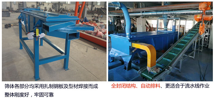 直线筛分机筛体各部分均采用扎制钢板及型材焊接而成整体刚度好,牢固可靠;全封闭结构、自动排料、更适合于流水线作业。